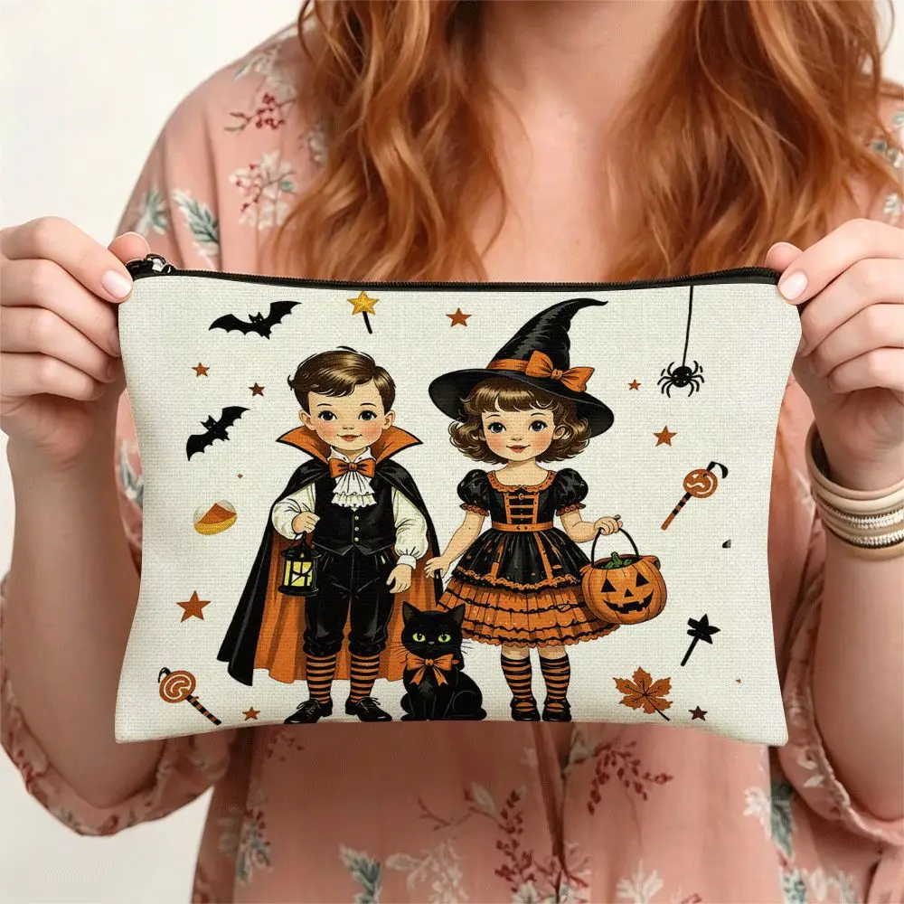 Halloween Themed Portable Makeup Bag Halloween Pattern Design Zipper Closure Student Stationery Pouch Suitable for Gifting