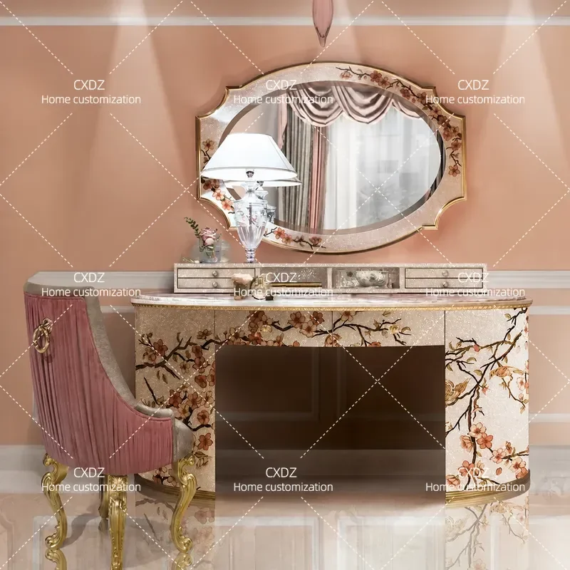 Royal craftsman No.1 French shell parquet European entrance table solid wood carving flower makeup mirror dressing table