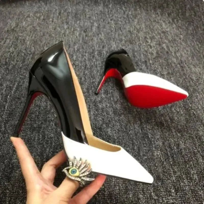 

Top Quality Designer Red Bottoms Heel Patchwork Black White Women Patent Pointy Toe High Heels Shoes Ladies Dress Stiletto Pumps