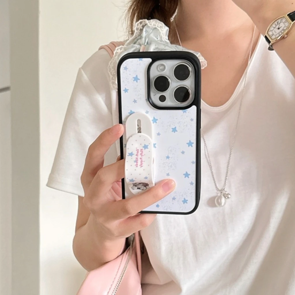 Étoiles bleues fraîches points circulaires amusant mignon chiot pansement télescopique avec support housse pour iPhone 17 16 15 14 13 Pro Max Air