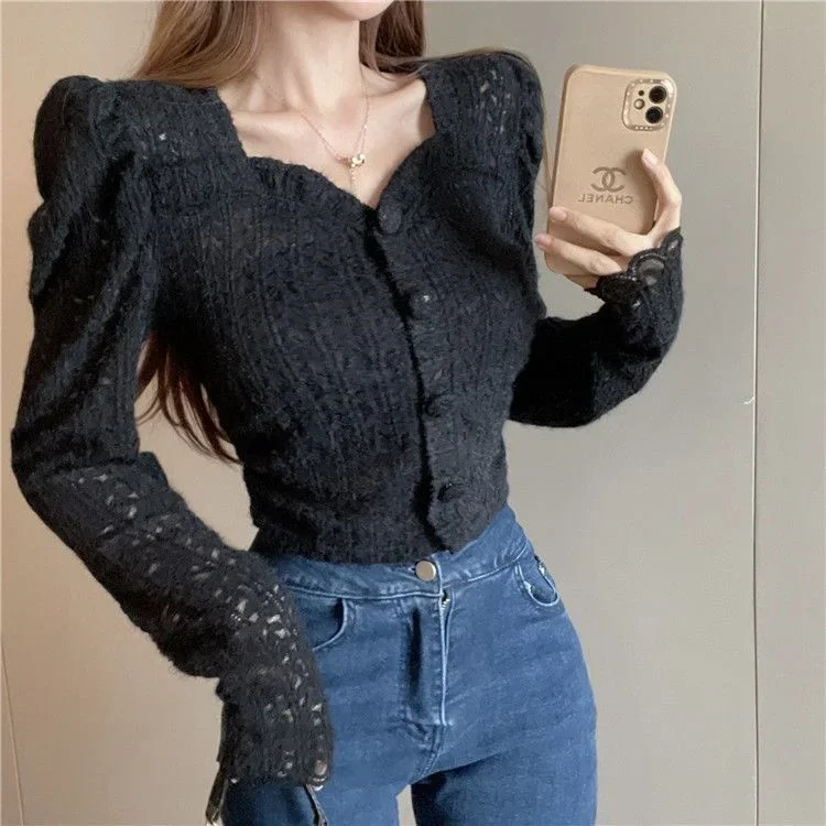 Кружевная рубашка с длинными рукавами для женщин. Дизайнерская одежда Blusas для женщин. Топы. Рубашки. Блузки.