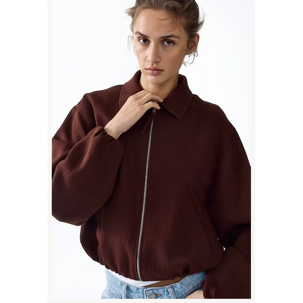 Fashionable Oversized Bubble Hem Jacket Women's Short Outerwear Polyester Fiber Long Sleeve Zipper Closure Leopard Pattern