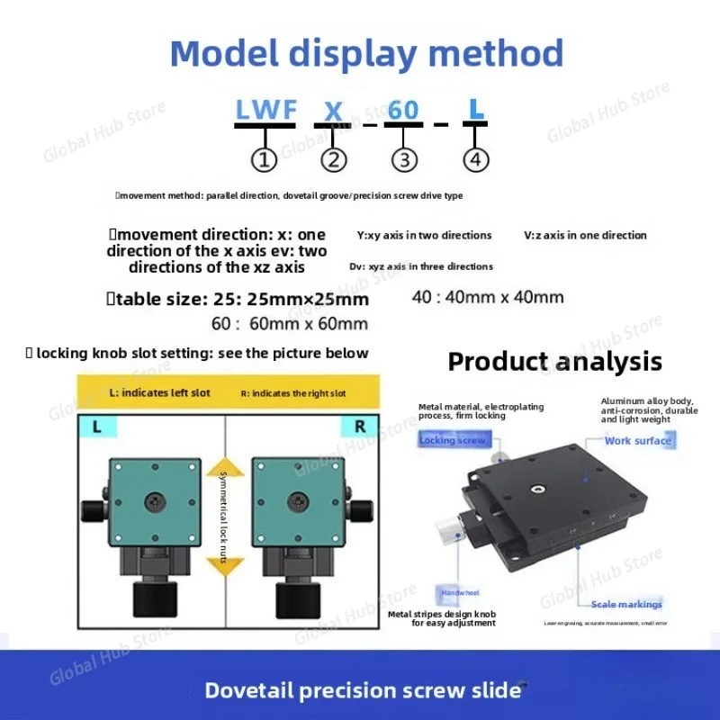 

X-axis Manual Precision Screw Dovetail Groove Slide Table Lwfx60-l Feed Lead Screw Type Optical Movement Displacement Platform