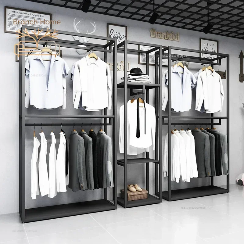 Furniture Men Clothes Clothing Store Display Rack Black Double-layer floor-standing display rack for men's clothing stores