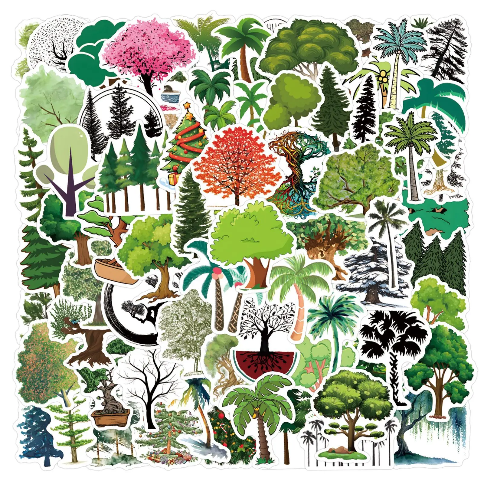 

55/110PCS New Cartoon Tree Stickers Plant Graffiti Decoration Creative DIY Decorative Refrigerator Scooter Motorcycle Helmet
