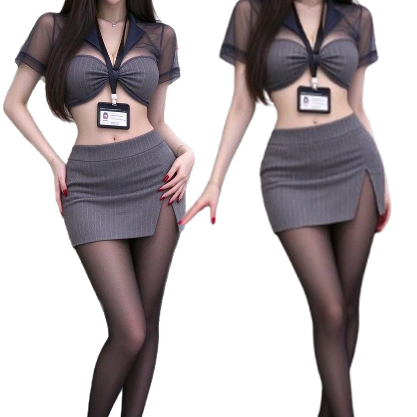 Women Sexy Uniform Striped Bodycon Skirt Set Secretary Style Cosplay Uniform Halloween Party Costume, Stage Performance Outfit