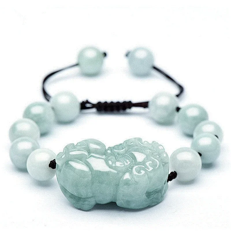 Pulsera de Jade Natural para mujer, brazalete ajustable de Pixiu con cuentas de 10mm, esmeralda de Burma, accesorios de moda tallados a mano,