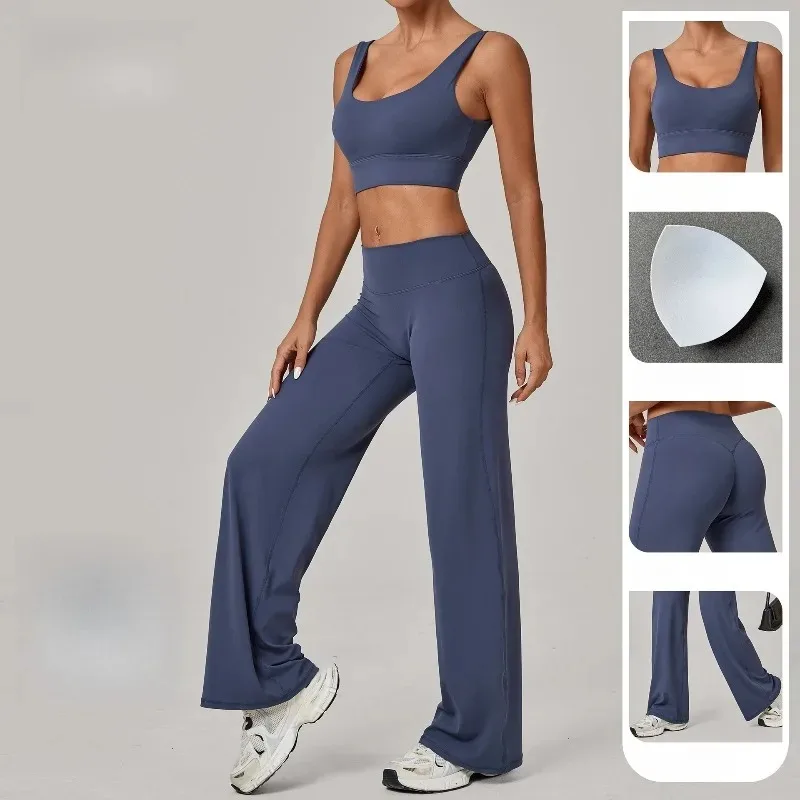 

New Women Yoga Set Double Strap Support Bra Straight Leg Workout Pants Quick Dry Gym Fitness Clothes Outdoor Running Sports Wear