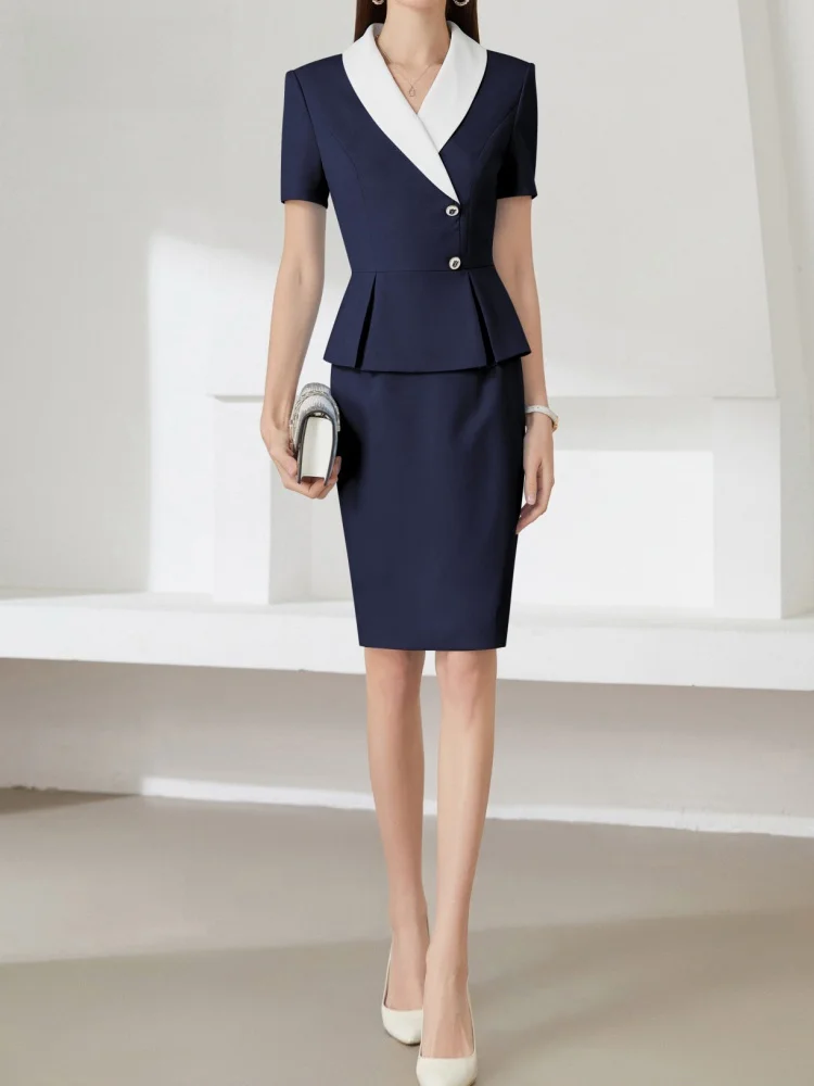 

Cobalt Blue Suit Dress Women's Summer Short Sleeve Professional Set Skirt Sales Office Workwear Uniform Polyester Rayon Spandex
