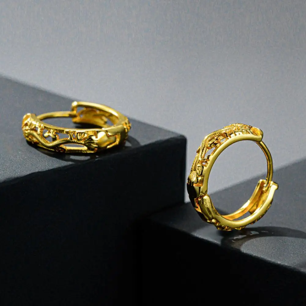 Polished Earrings Unisex Huggie Earrings Set Hollow Dragon Embossed Hoop Jewelry Polished Golden Round Ear Accessories for Club