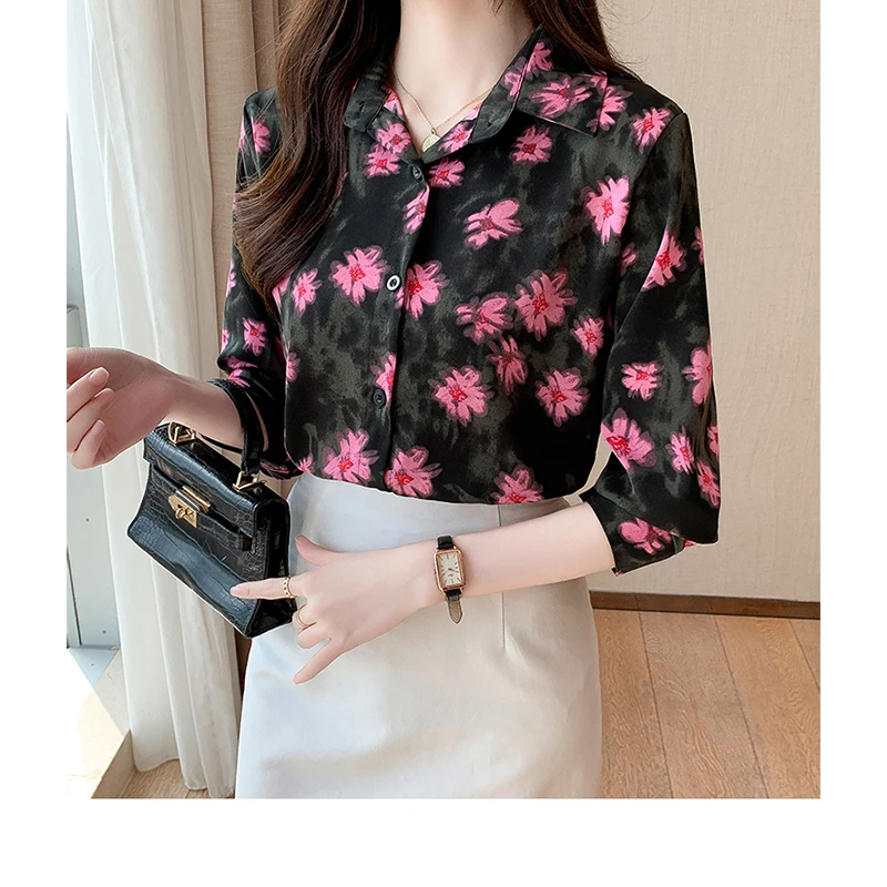 Women Spring Korean Fashion Loose Printing Polo-Neck Long Sleeve Shirts Women Clothes Casual All-match Temperament Trend Tops