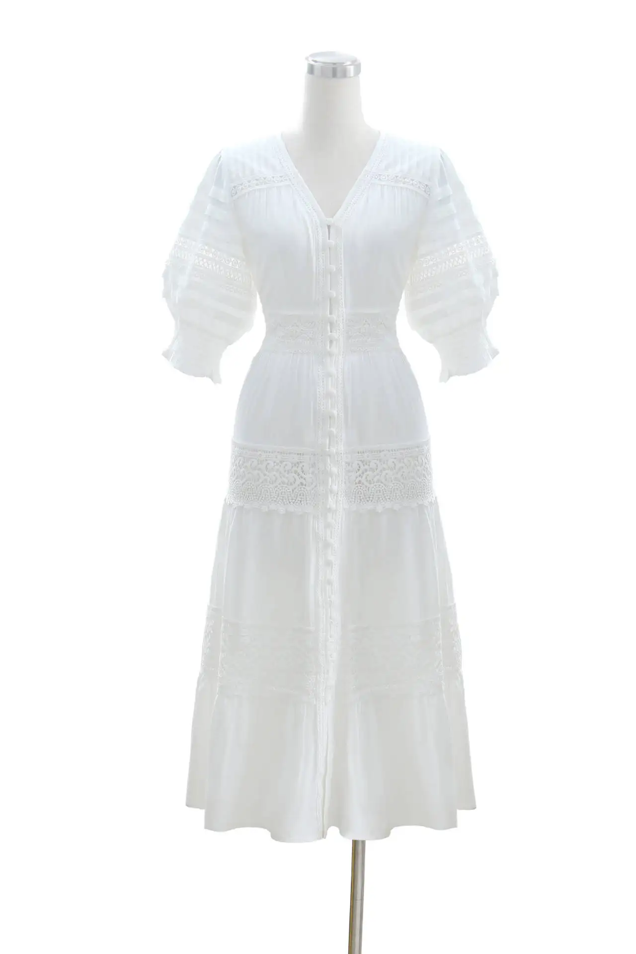 ชุดเดรส100% ผ้าลูกไม้สีขาววินเทจสำหรับผู้หญิงชุดเดรสแขนพองคอวีชุดเดรสยาวสไตล์โบฮีเมียนลำลองคุณภาพสูงชุดเดรสชายหาด