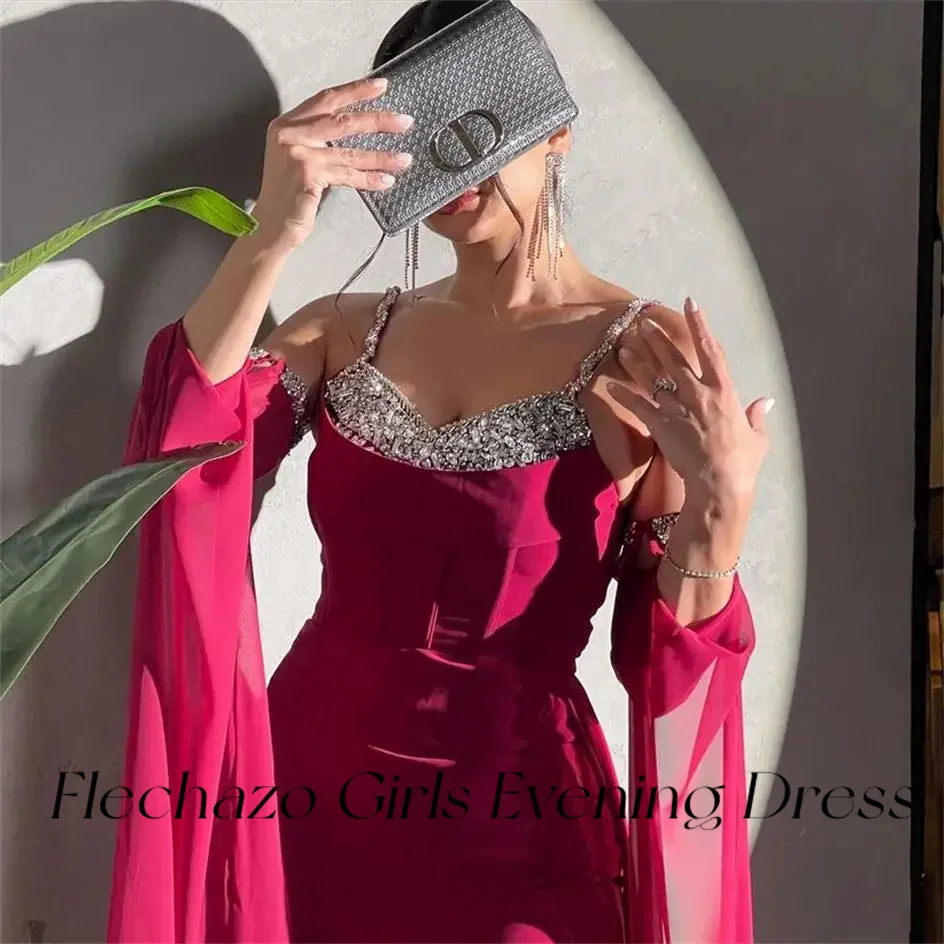 Flechazo Fuchsia Chiffon Evening Dresses Spaghetti Long Sleeves Pleated Crystal Side Slit Formal Party Dress For Women 2025