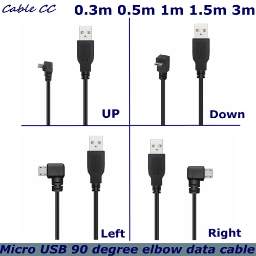 Up Down Left Right Angled 90 grados USB Micro USB macho a USB macho Cable conector de carga de datos 25 cm 50 cm para tableta 5 pies