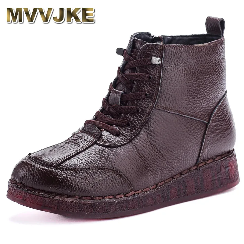 

New laced up flat ankle boots for women authentic leather shoes woman soft waterproof oxfords flats snow shoes luxury plush boot