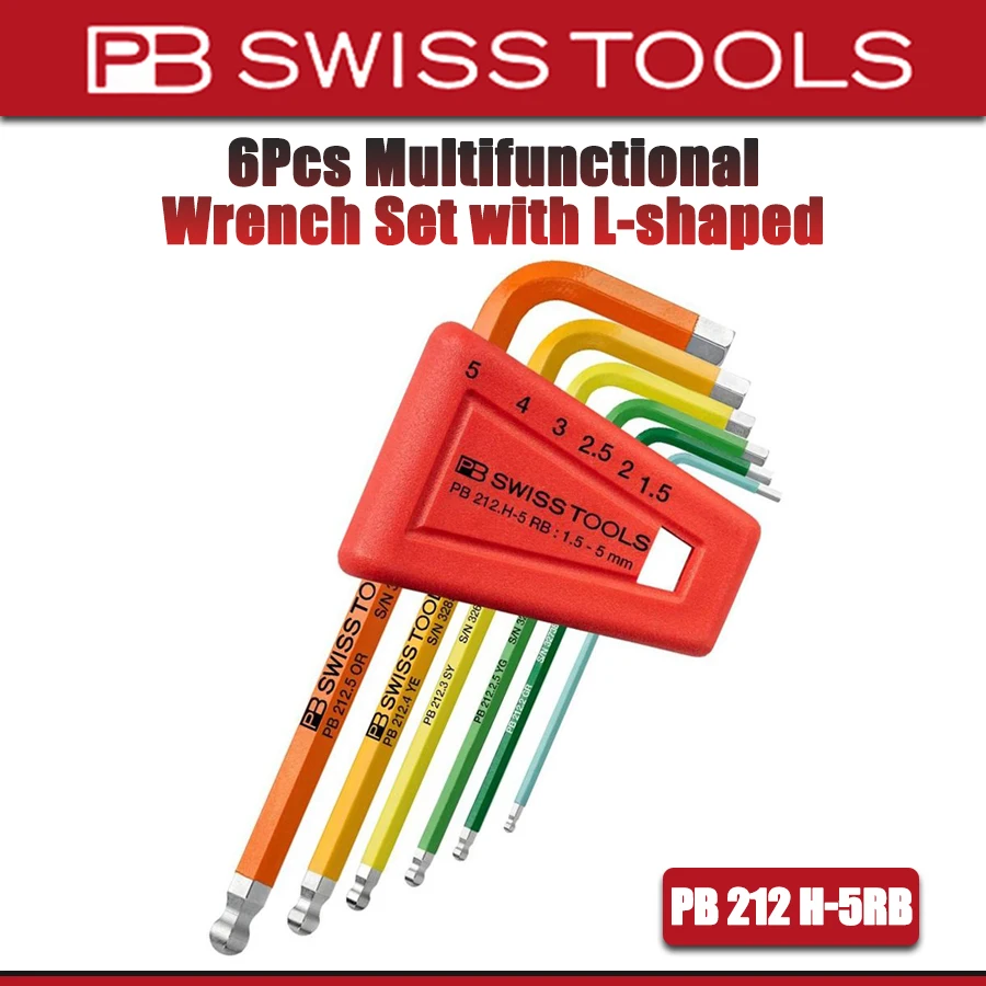 PB SWISS TOOLS 6Pcs Multifunctional Wrench Set with L-shaped Multicolor Long Ball Tip Wrench Hand Tools NO.PB 212 H-5RB