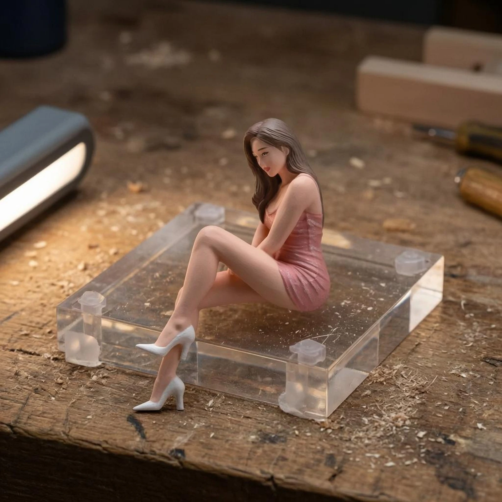 Hand-Painted Woman Figurine Crossed Legs Seated Female Figurine Miniature Girl Statue Expressive Face Display Doll Bright Colors