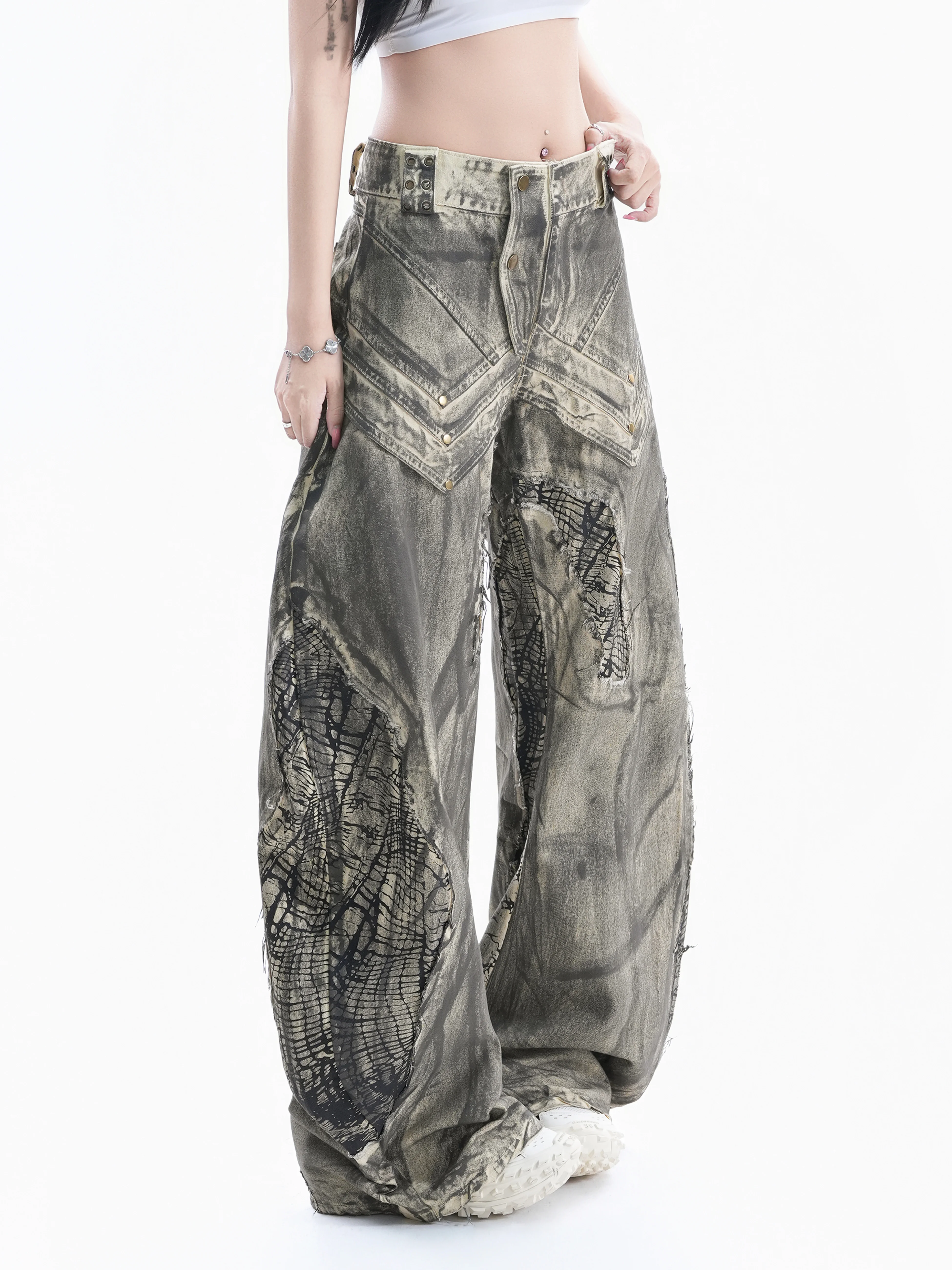 American Retro Distressed Wide Leg Denim Jeans Women Asymmetrical Waist Metal Buckle Long Pants Cotton Loose Fit Spring