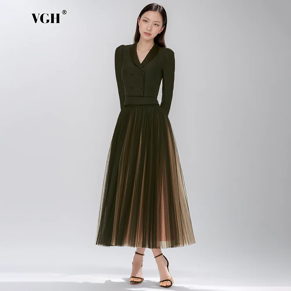 

VGH Elegant Two Piece Sets For Women Lapel Long Sleeve Spliced Button Slim Tops High Waist Mesh Skirt Chic Set Female Fashion