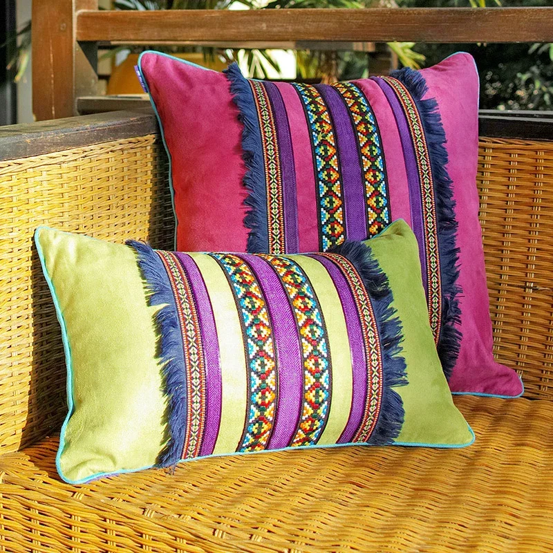 Colorful Morocco  Tribal Boho Throw Pillow Covers 18X18 Inch Geometric Soft Suede Square Cushion Cover Vintage  Sofa Pillow Case