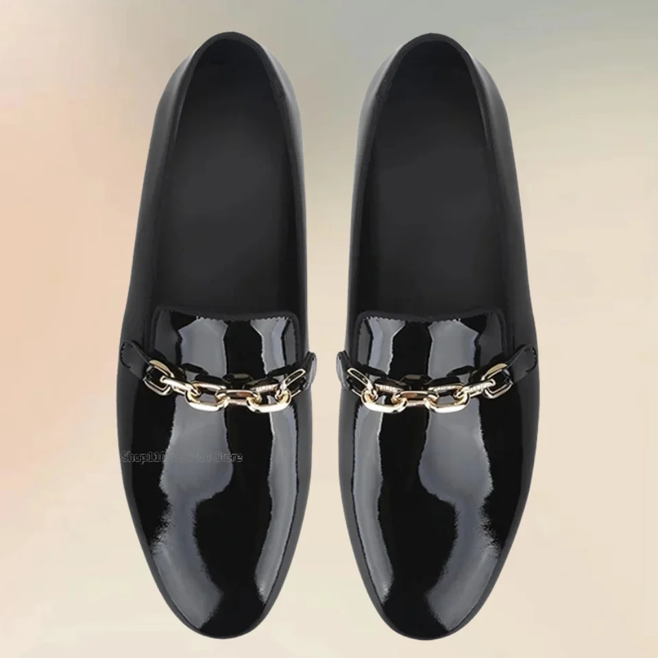 Black Patent Leather Gold Metal Chain Decor Men Shoes Fashion Novel Slip On Men Casual Shoes Handcraft Comfort Men Dress Shoes