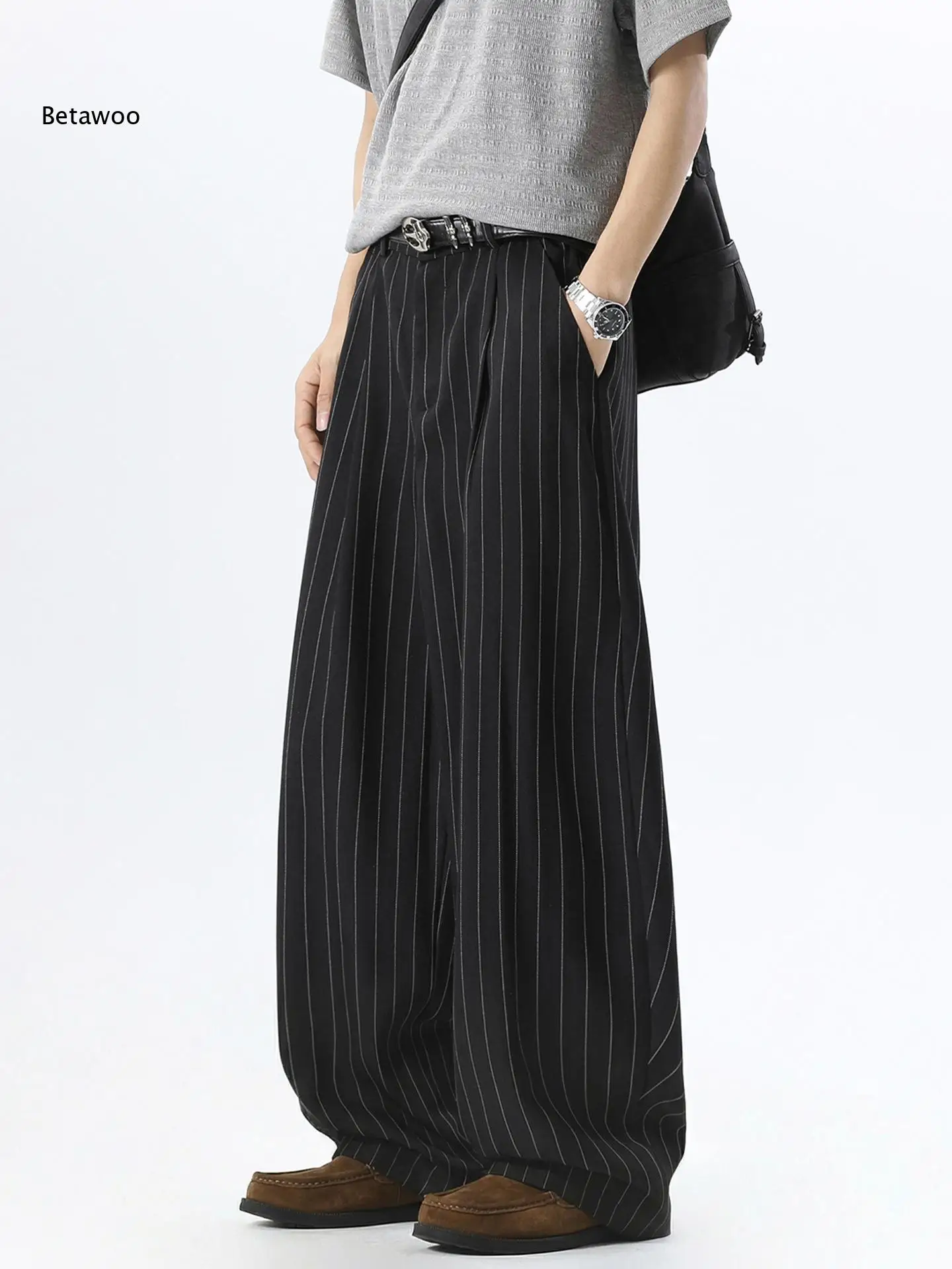Men Urban Business Style Striped Wide Leg Trousers Black Color Thin White Vertical Stripe Pleated Front Oversized Full Length