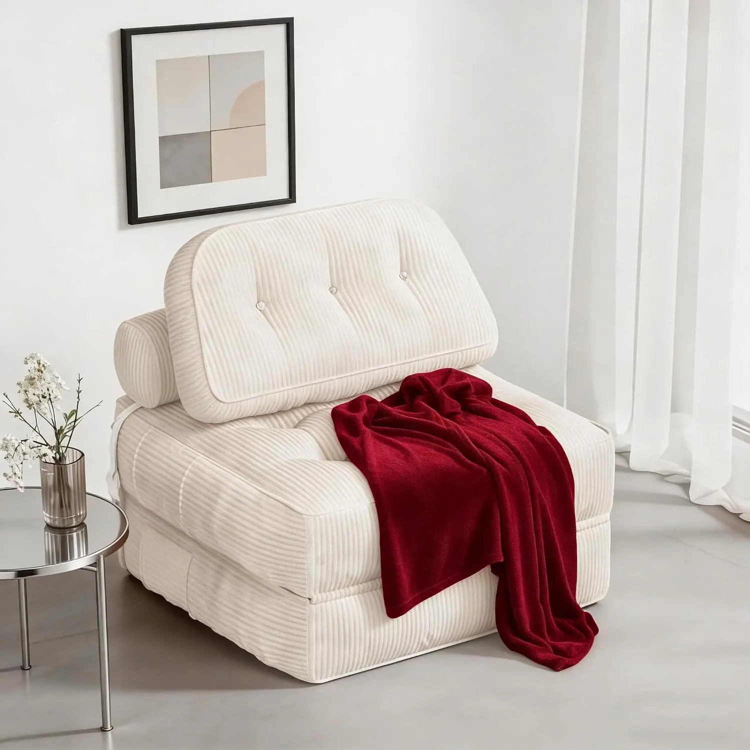 White Flannel Futon Couch Bed, Convertible Sleeper Chair with Pillow and Blanket, Folding Sofa Bed for Living Room or Bedroom