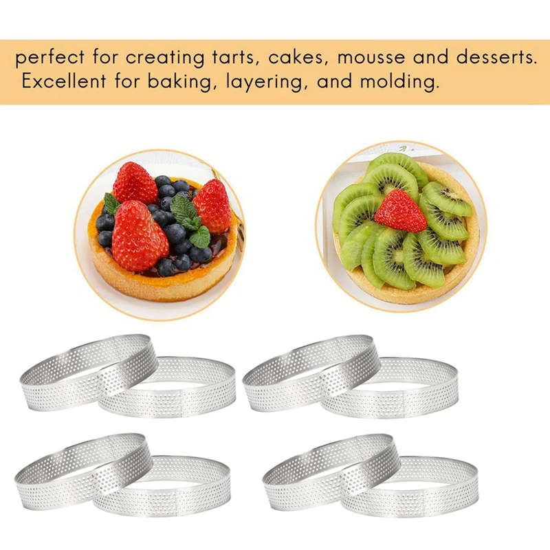 8Pcs 10cm Circular Tart Ring Pizza Dessert DIY Stainless Steel Perforation Fruit Pie Cake Mousse Molds Baking Mould Tool-A13G