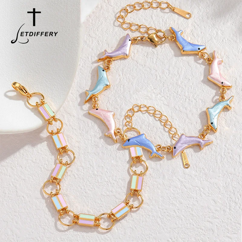 Letdiffery Colorful Fashion Dolphin Rectangle Bracelet for Women Stainless Steel 18k Gold Color Charming Bracelet Jewelry Gifts