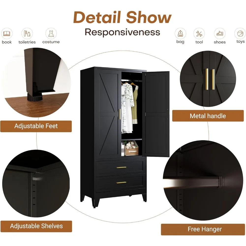 خزانة ملابس معدنية كبيرة بطول 71 مع أدراج وقضيب تعليق وأرفف لحلول تخزين غرفة النوم