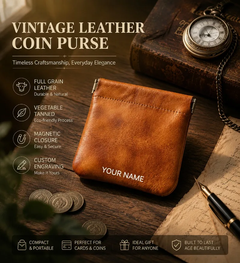 

Full Grain Leather Vintage Organizer Bag Vegetable Tanned Cosmetic Pouch Magnetic Closure Coin Purse Custom Engraving