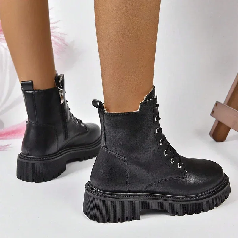 Thick Warm Long Plush Ankle Boots for Women Winter 2024 Lace Up Pu Leather Motorcycle Boots Woman Plus Size Short Booties Shoes