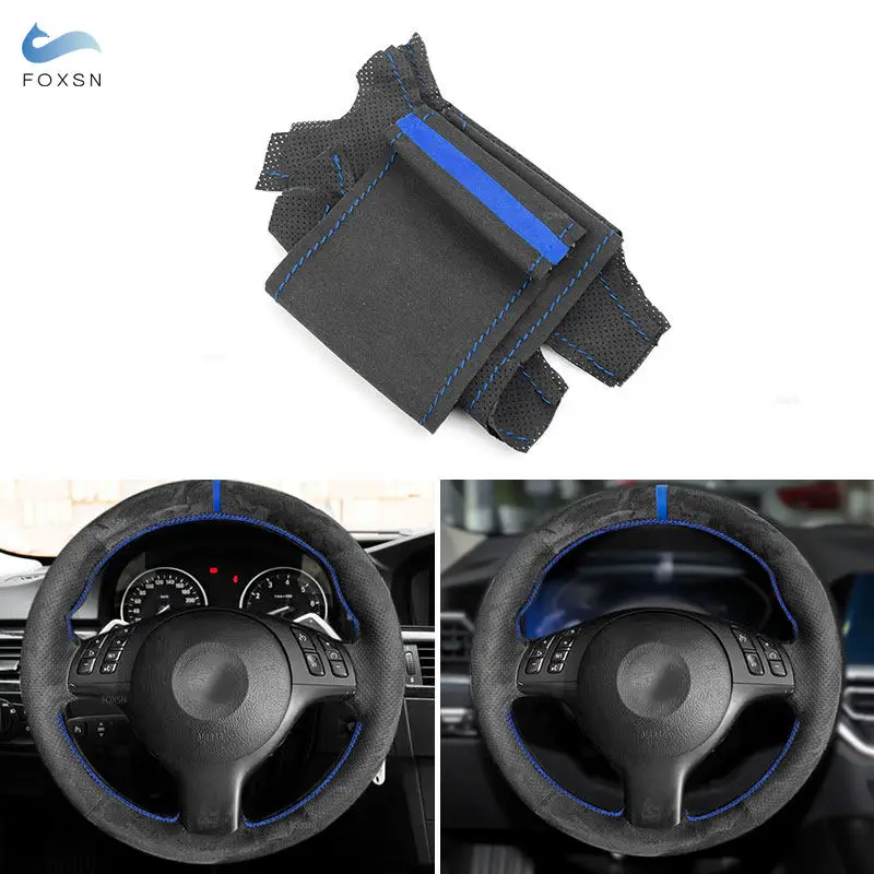 Suede Leather Hand Sewing Steering Wheel Cover Trim Blue Line&Strip For BMW M Sport E46 330i 330Ci E39 540i 525i 530i M3 E46