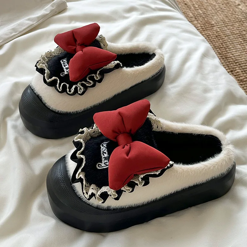 

New kawaii bowknot slippers women's fluffy home shoes woman platform fur slides chunky mules ladies designer house slipper laces