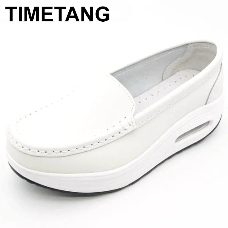 TIMETANG Summer Genuine Leather Women\'s Shoes Nurse Swing Work all Single star Wedges Women\'s Shoes Black white Platform C217