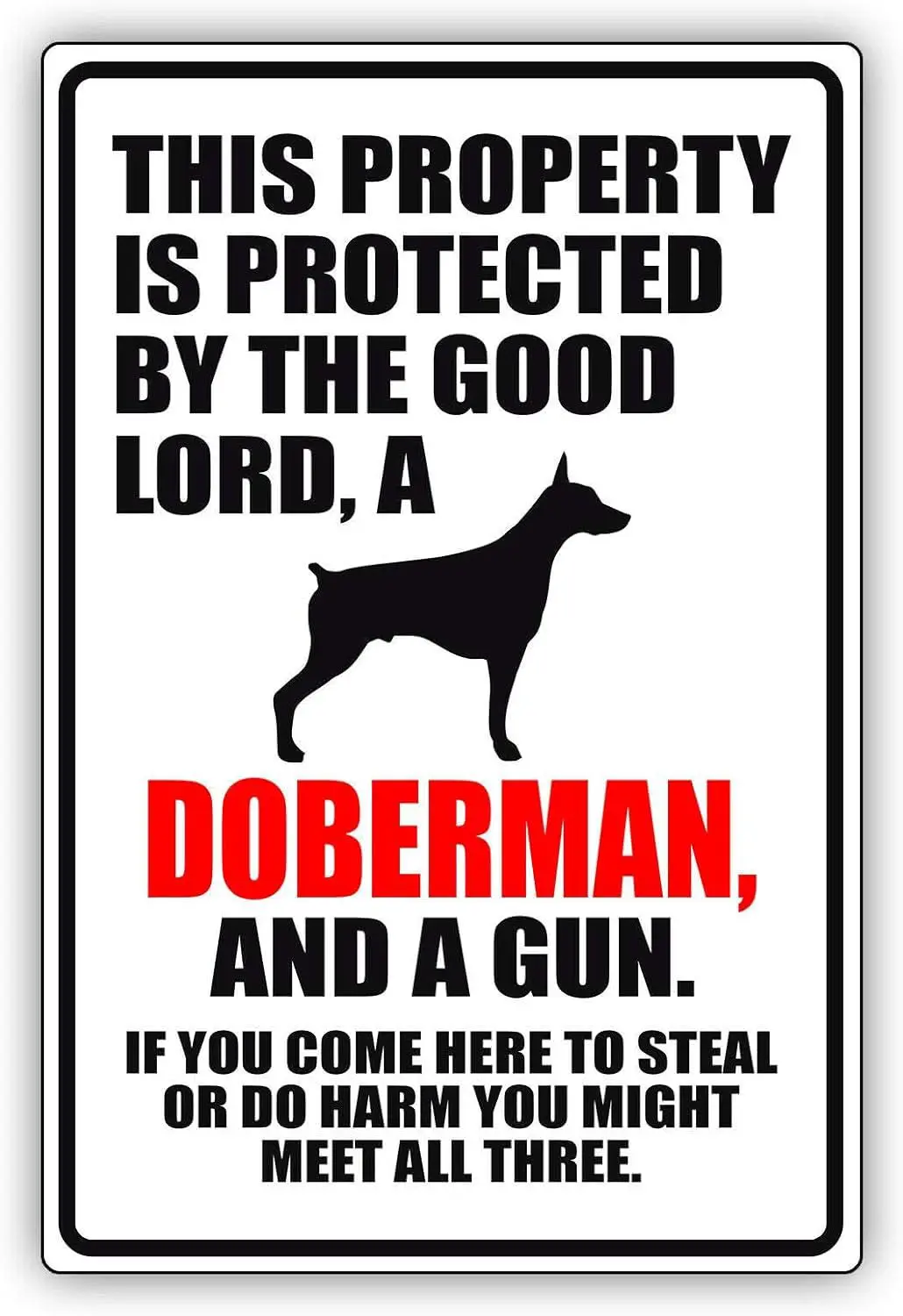 Metal Tin Sign This Property is Protected by The Good Lord A Doberman Dog Warning Notice For Home Yard Farm Garden Garage Wall D