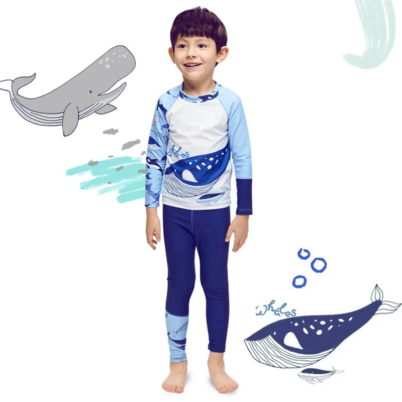 Boy Two Pieces Suit Swimsuit 2-9 Year Children Long Sleeve Whale Print Swimwear 2023 Kid Cartoon Beachwear Bathing Suit