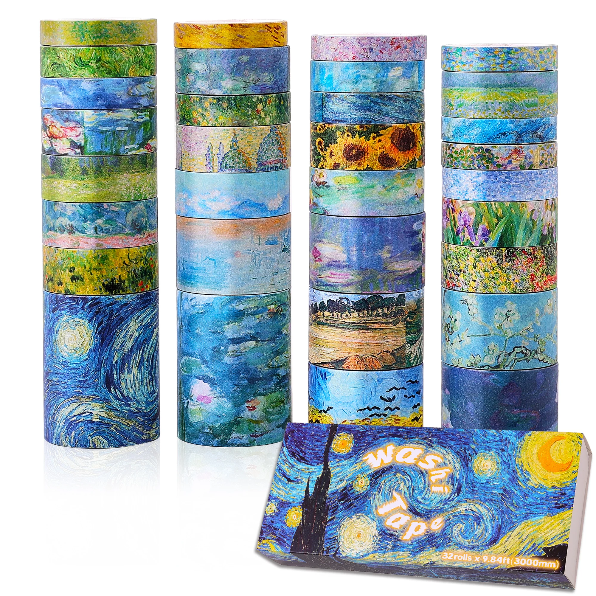 32 Rolls Washi Tape Set, Oil Painting Decorative Masking Tape, Van Gogh Adhesive Tape for Bullet Journal, DIY Crafts Gift, Party