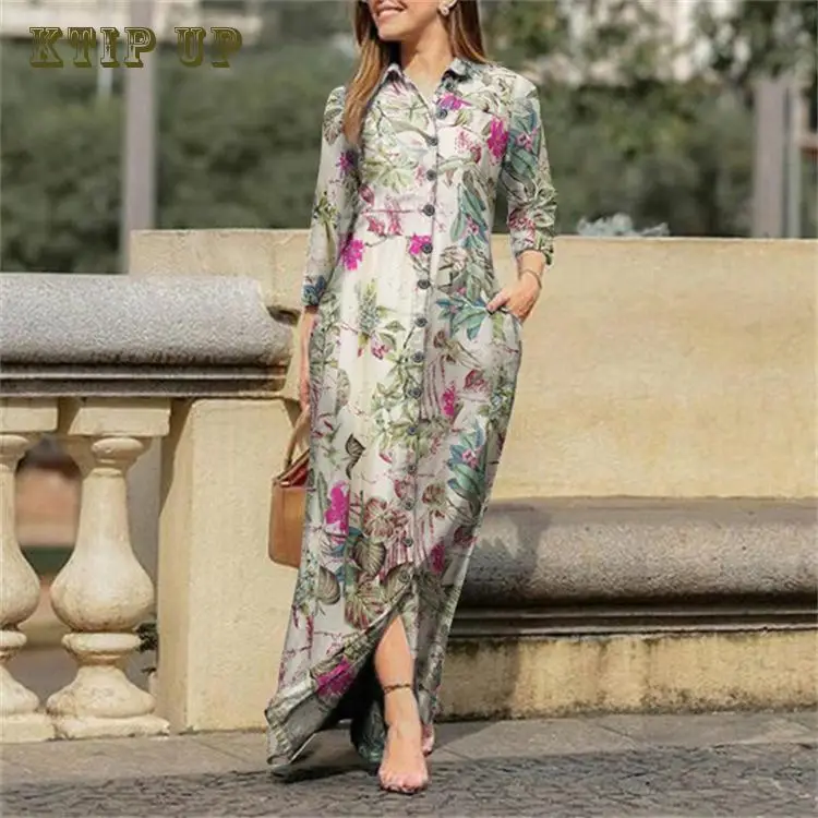 Long-sleeve cotton dress for Muslim women, casual dress, floral printed, long-sleeve, with Button, Islamic, Turkish abaya