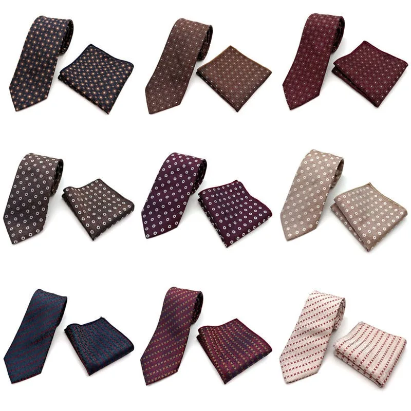 2PCS Neck Tie Set Floral Red Neckties For Men Adult Formal Business Pocket Square Polyester Woven White Neck Ties Wedding Cravat