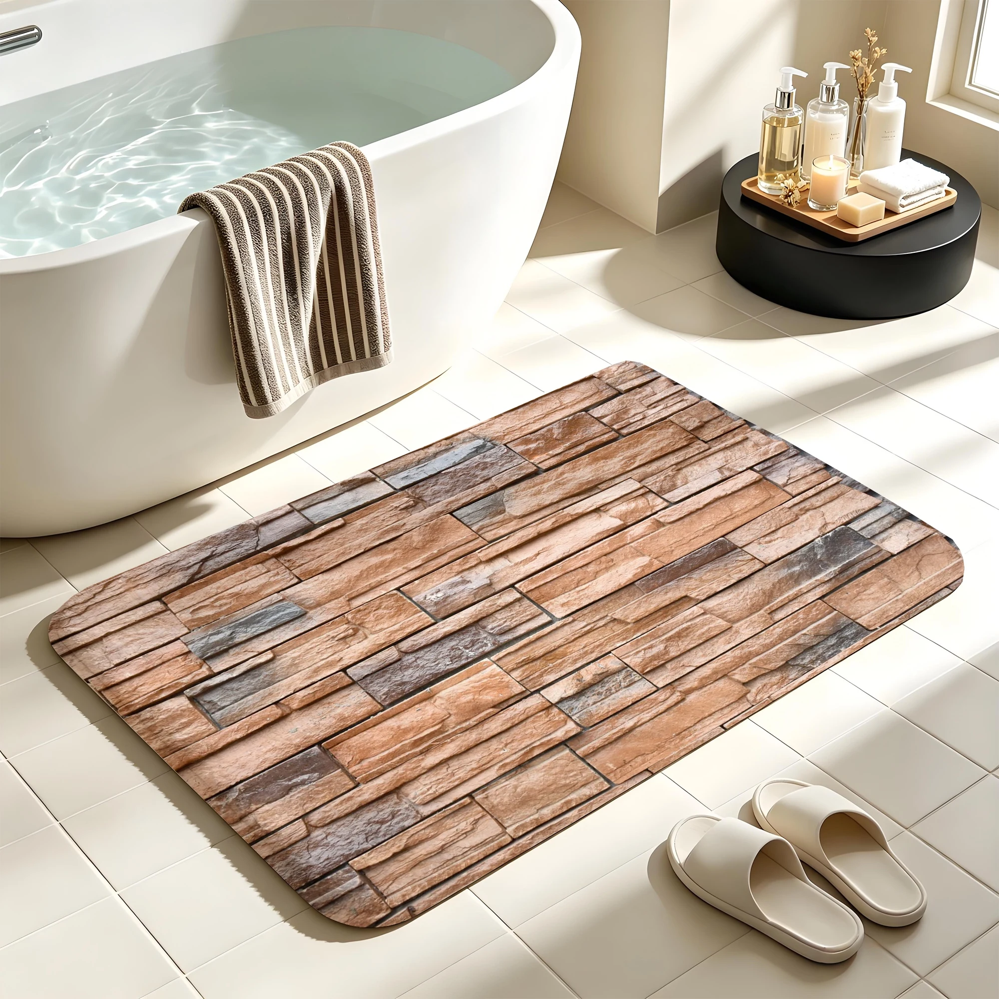 Grey Slate Stone Brick Bath Mat Water Absorbent Quick Dry Anti-Slip Shower Rug Floor Carpet for Bathroom Home Decor
