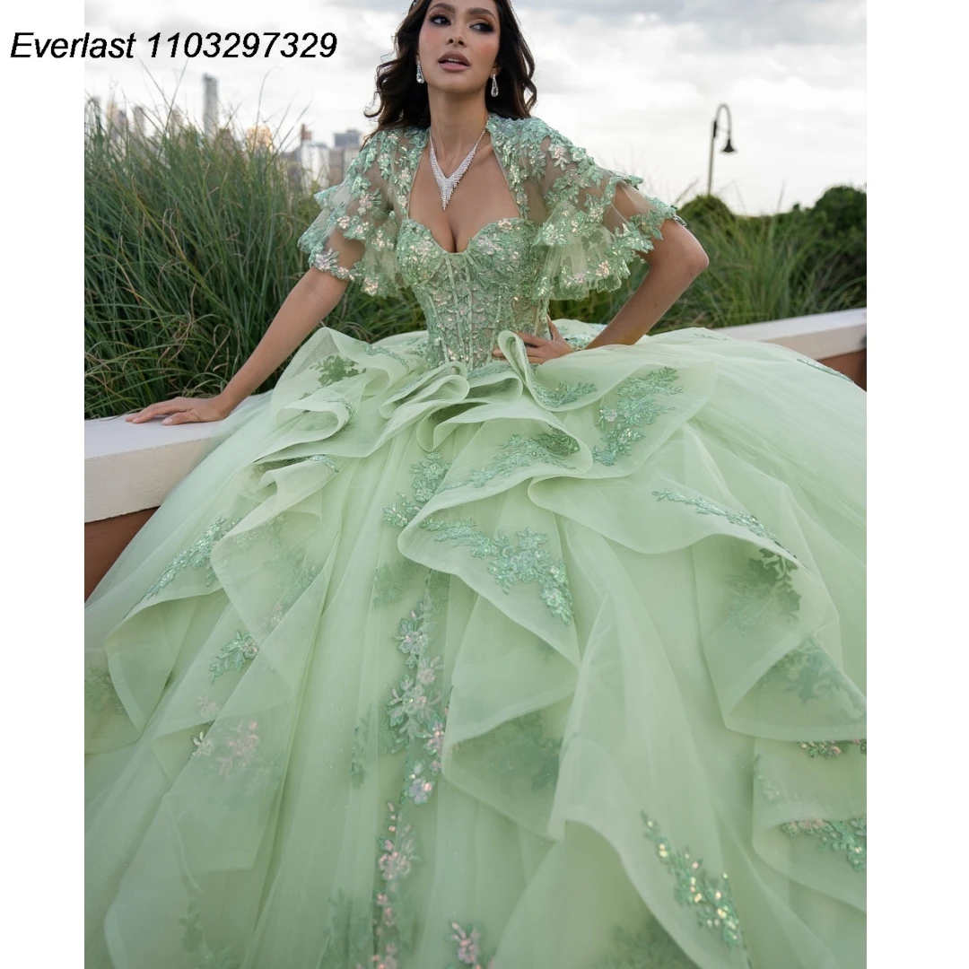 EVLAST Glitter Mint Quinceanera Dress Ball Gown Lace Applique Crystals Beads With Cape Tiered Sweet 16 Vestido De 15 Anos TQD461