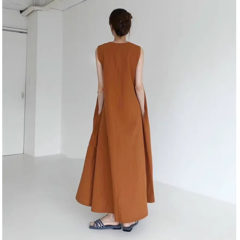 2024 Summer Korean Style Women's Dresses Loose Plus Size Tank Sleeveless Lady Vestidos Pockets Female Robe Clothing KE1097