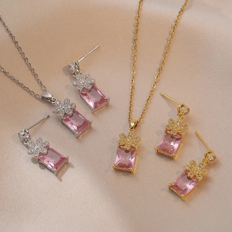 High Grade Square Flower Bow Zircon Jewelry Set Stainless Steel Chain Geometric Necklace Earrings Party Gifts For Women Girls