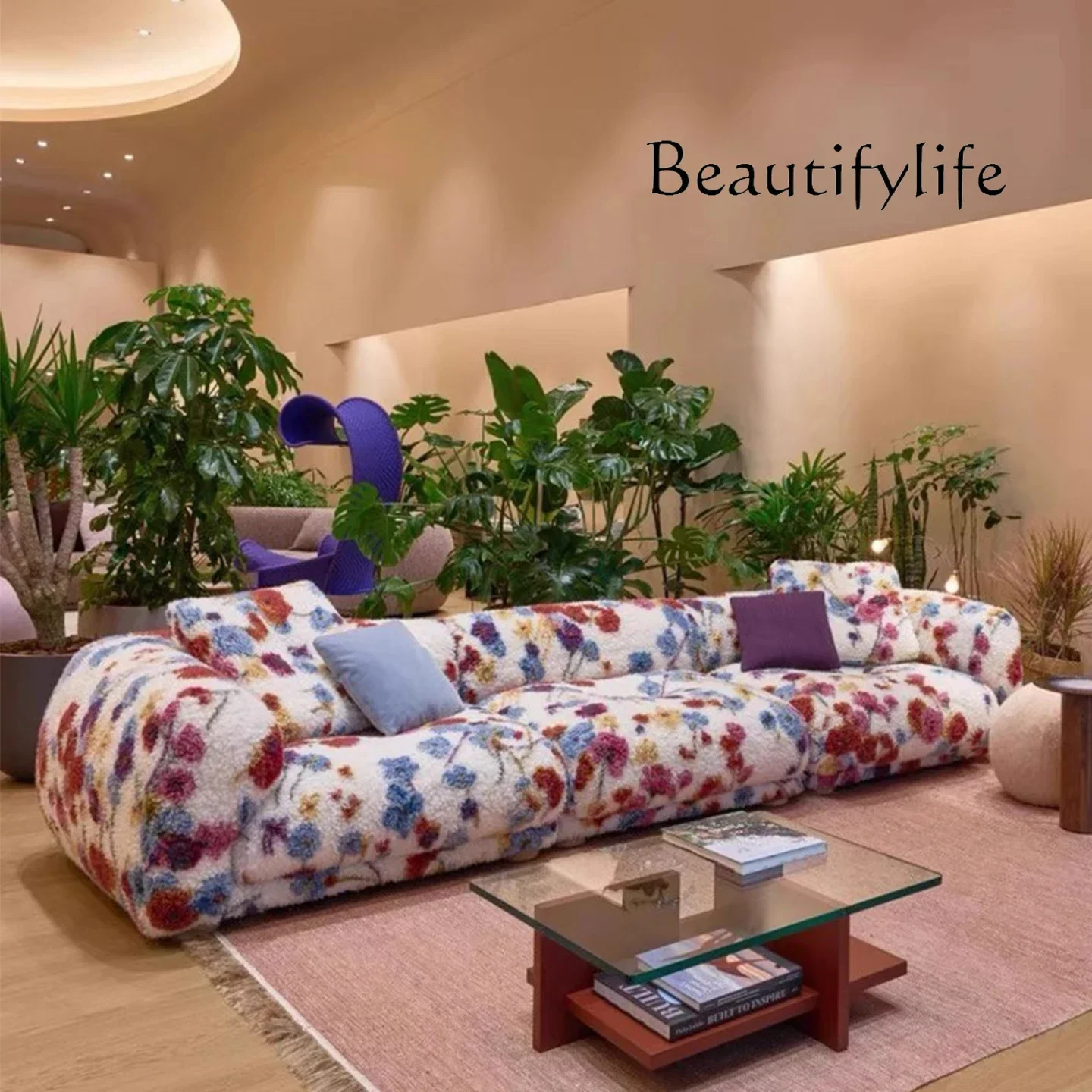 kXS Modern Simple Flower Cloth Living Room High-end Fabric Straight Row Comfortable Three-person Module Sofa