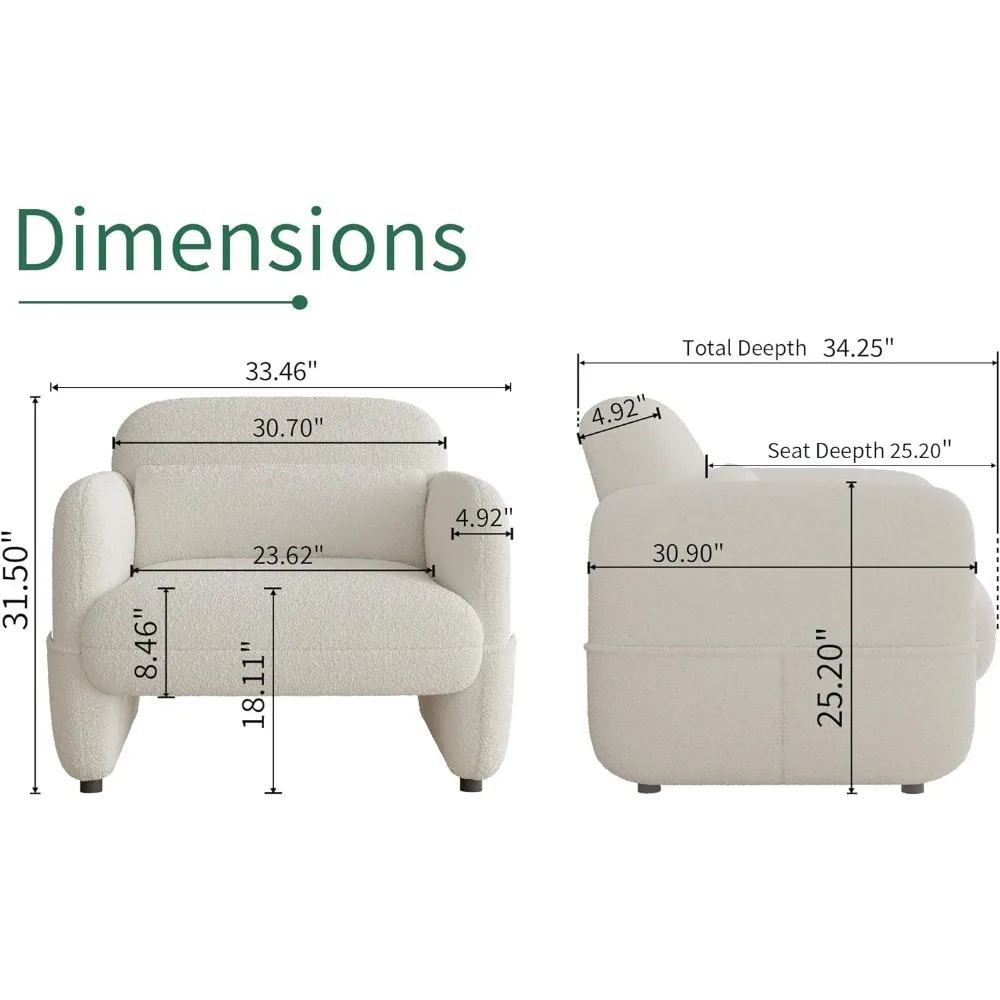 Ensemble de 2 chaises de 33,46 pouces, chaises de lecture confortables pour salon, fauteuil de salon surdimensionné en agneau Sherpa avec oreiller de taille
