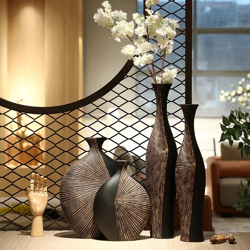Retro Tall Resin Floor Vase, Elegant Dry Flower Holder for Living Room, Vertical Art Sculpture for Entryway Background Decor