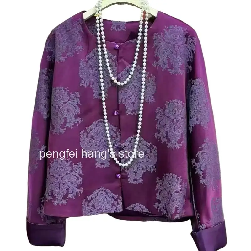 Women New Chinese Style Jacquard Qipao Top Round Neck Long Sleeve Button Vintage Short Cardigan Jacket for Autumn Wear