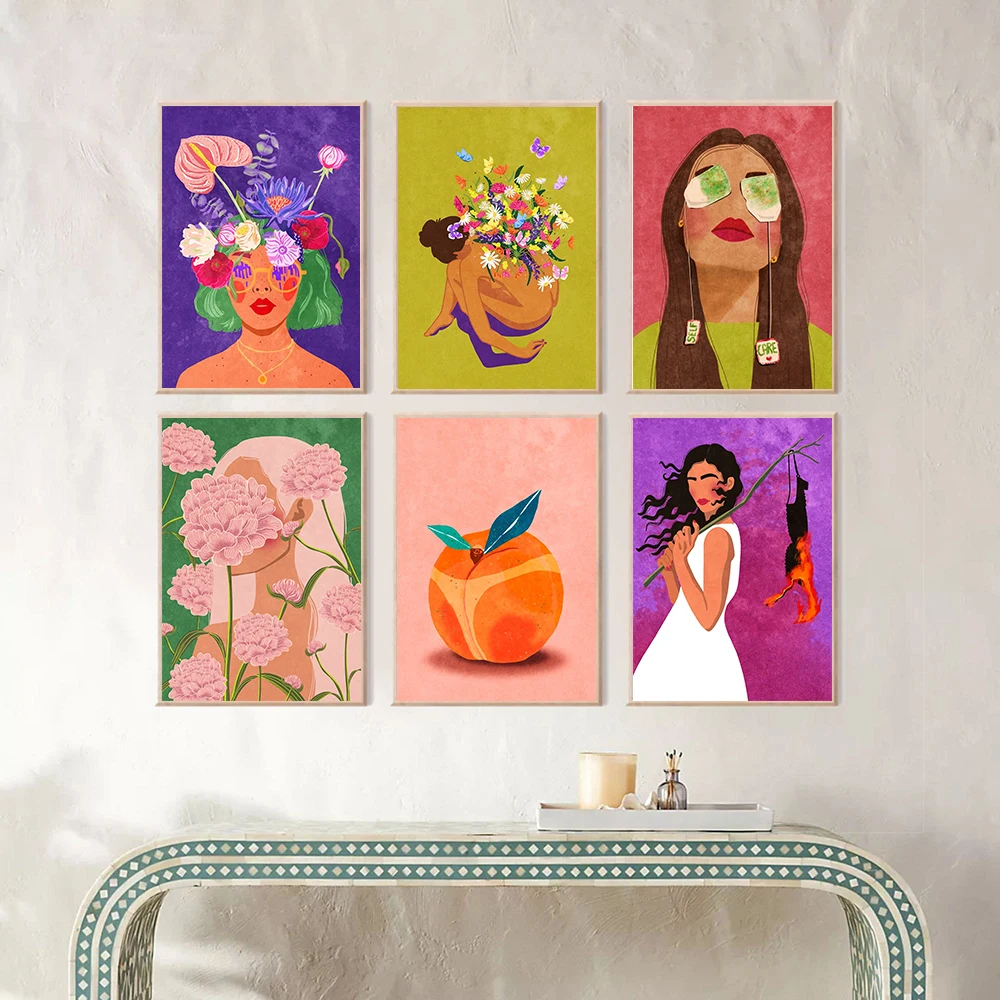 Free Your Potential Wall Pictures No Bra Club Colorful Poster Abstract Girl Blooming Head Prints Kitchen Cheers Decor Painting