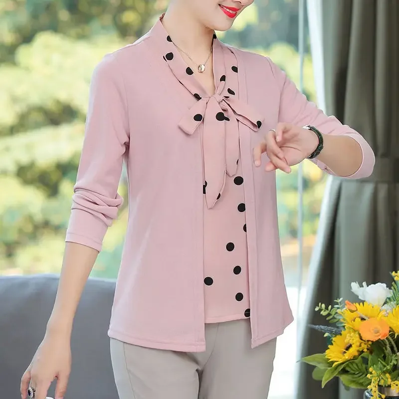 Fashion Women Long Sleeve Pullover Sweaters Spring Autumn New Streetwear Office Lady Bow Polka Dot Loose Casual 5XL Tops 2023